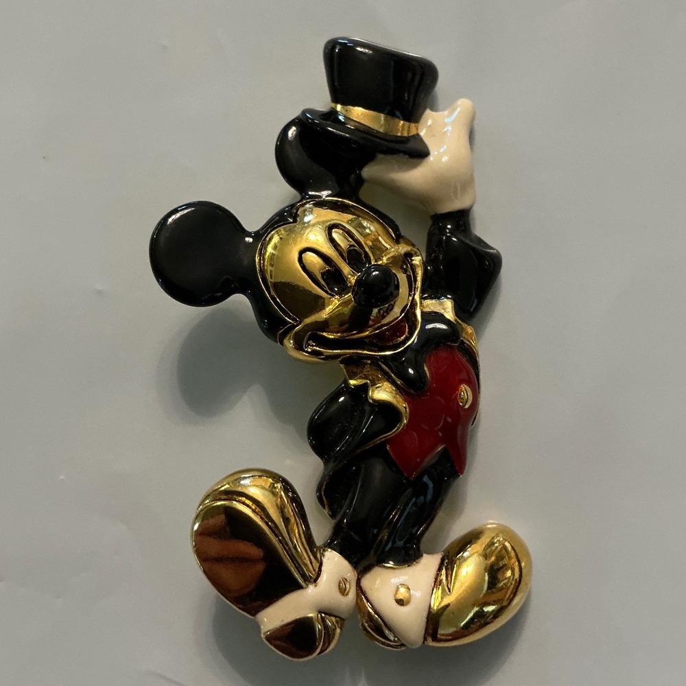 Vintage Disney Napier Mickey Mouse Brooch Gold Tone Enamel Tuxedo Top Hat Pin